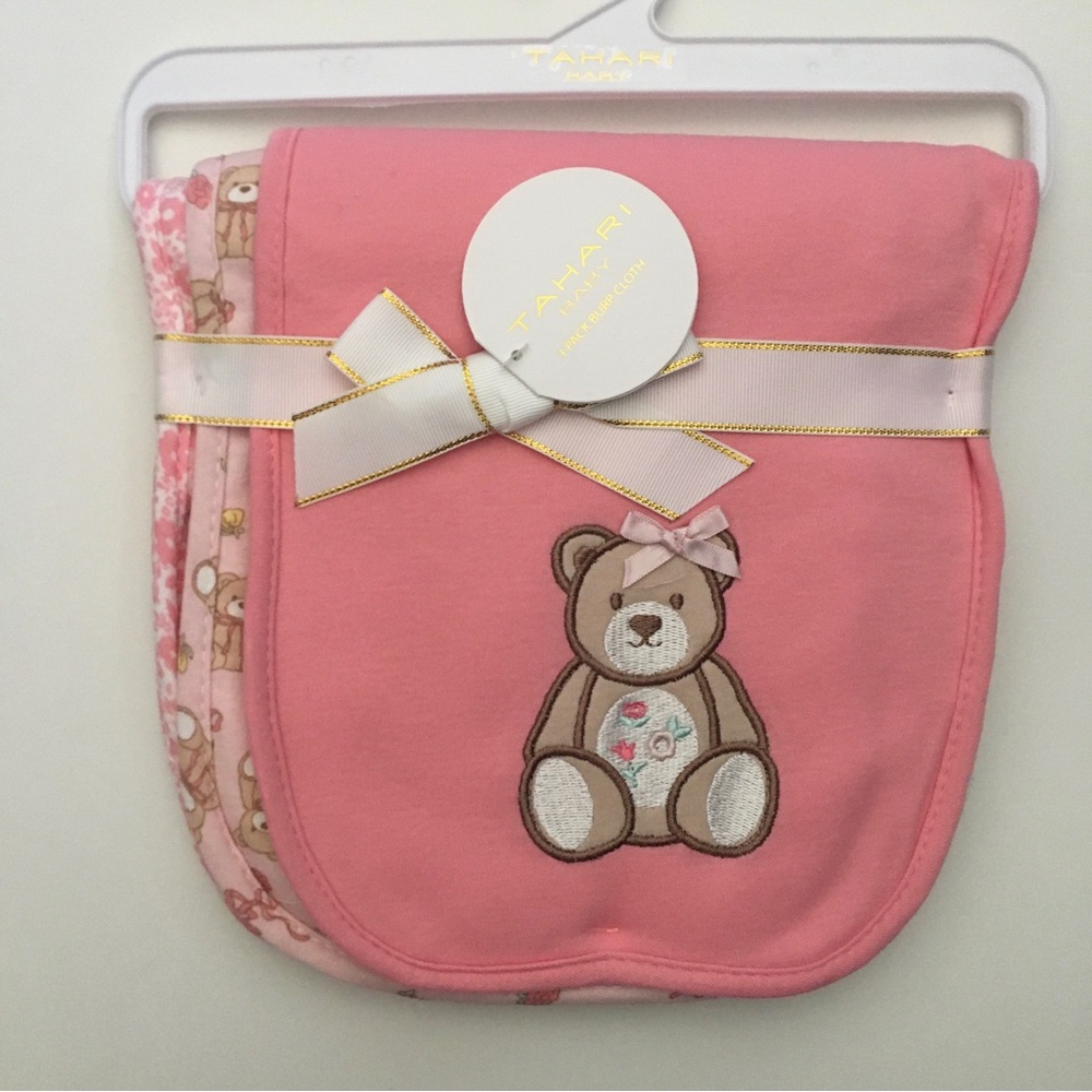 Baby Burp Cloths Set of 3 Pink and Bear Theme NEW | Tahari Baby